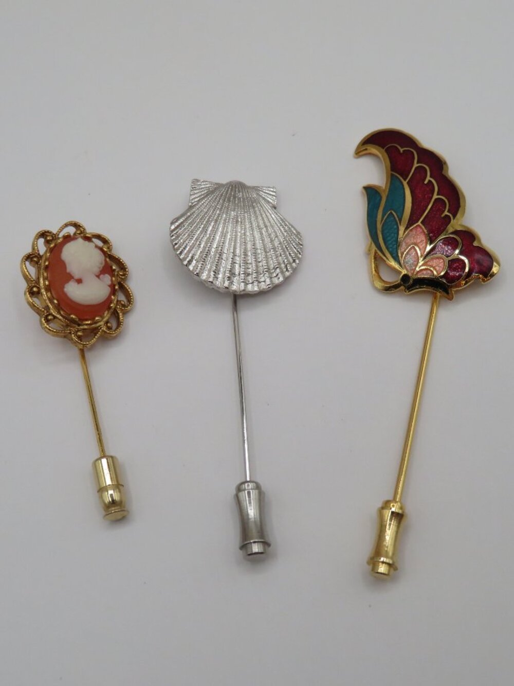 Vintage Stick Pins Cloisonne Butterfly Crown Trifari Shell Cameo